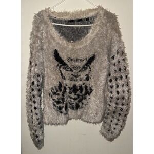 GUESS Los Angeles Womens Owl Print Fuzzy Pullover Sweater Sweater Large